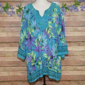 Catherines Womens 1X Tropical Floral Lace Blouse Top Sheer Vacation Beach Cruise